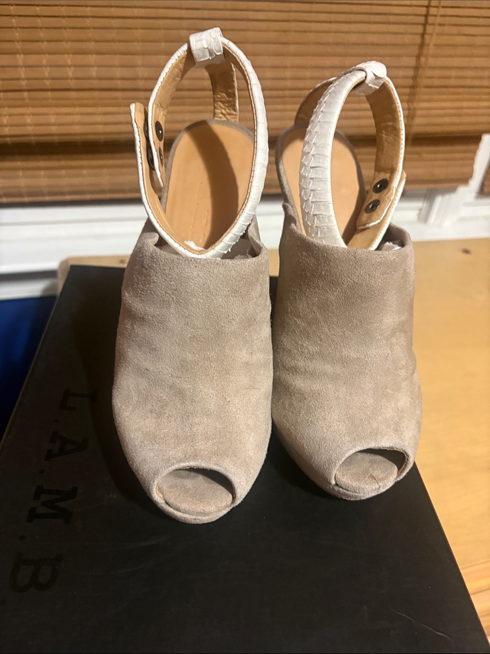 L.A.M.B. Taupe Suede Peep-Toe Slingback Mules with White Strap